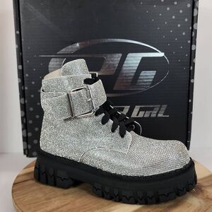 Dolls Kill Hype Status Combat Boots - Silver Rhinestone (Poster Grl) Women's Siz